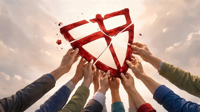 Mani di persone diverse sollevano e ricompongono i frammenti di uno scudo rosso simbolo della Democrazia Cristiana sospeso in aria.