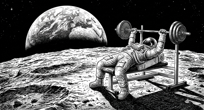  Illustrazione in bianco e nero in stile incisione: un astronauta in tuta spaziale solleva un bilanciere su una panca da palestra posizionata sulla superficie lunare.