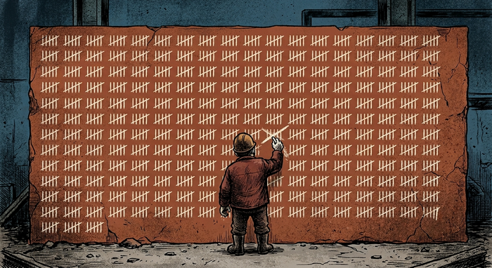 Illustrazione editoriale. Un lavoratore di spalle, con casco e giacca da lavoro, traccia una X su una delle tante serie di tacche incise su un grande muro screpolato.