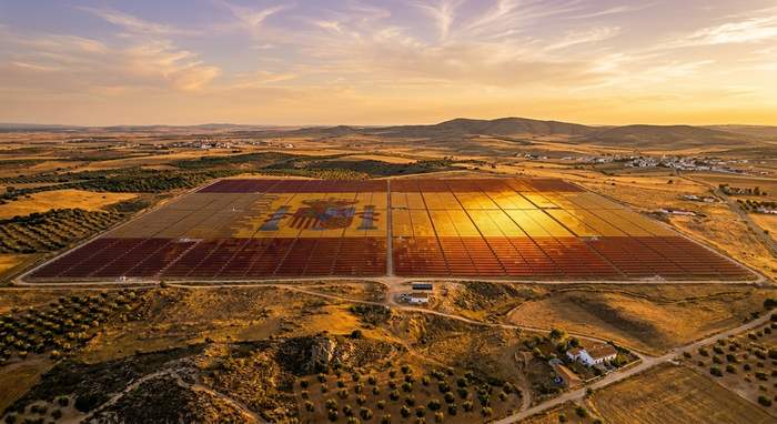 Veduta aerea al tramonto di un immenso impianto fotovoltaico situato in una pianura arida; i pannelli solari sono disposti in modo da formare i colori e il disegno della bandiera spagnola.