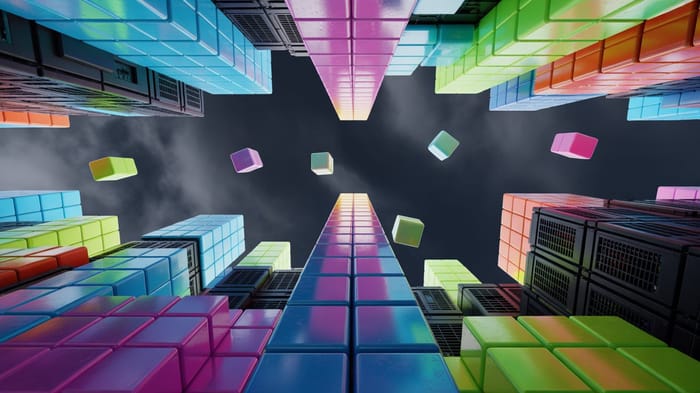 Illustrazione 3D con vista dal basso di torri composte da blocchi stile Tetris in colori fluorescenti alternate a blocchi sospesi nell'aria che non completano la struttura.
