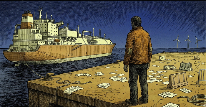 Figura solitaria su un molo portuale guarda una petroliera attraccata a sinistra e turbine eoliche lontane all'orizzonte a destra.