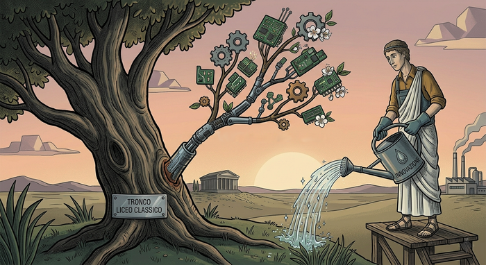 Illustrazione editoriale satirica di un antico albero ("Liceo Classico") con un innesto di circuiti e ingranaggi. Un uomo in toga e indumenti da lavoro l'innaffia.