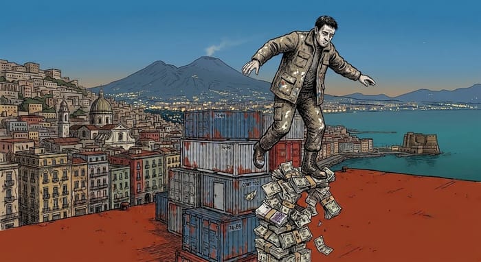 Figura in equilibrio su container portuali con un vulcano sullo sfondo, stile illustrazione editoriale.