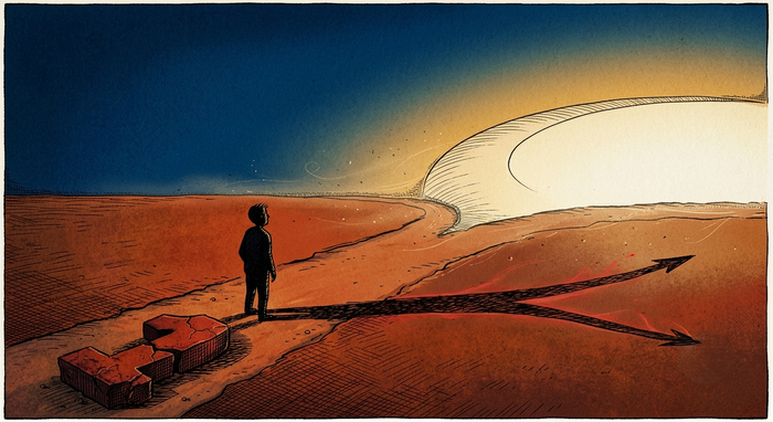 Una figura sola davanti a un bivio, con un numero di pietra spezzato su un sentiero e l'altro che sale verso l'orizzonte aperto.