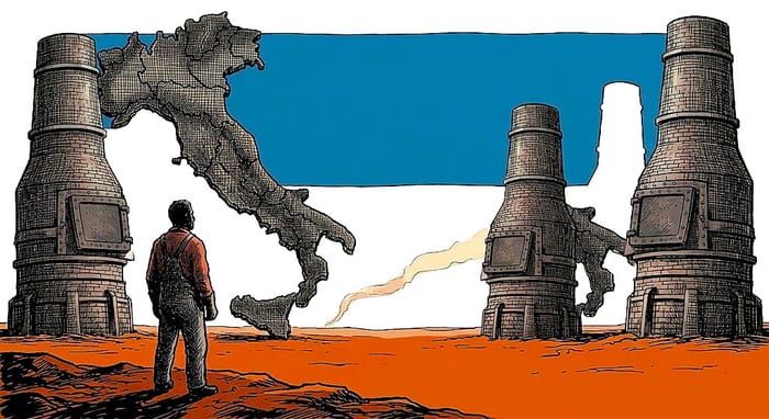 Operaio silhouette davanti a quattro altiforni spenti a forma di stivale italiano, cielo blu scuro e terra ocra.