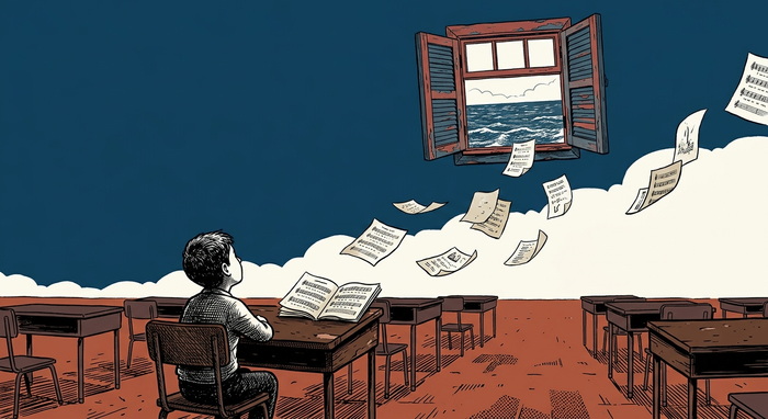 Una finestra di soffitta sospesa nel cielo sopra un banco di scuola, mentre pagine di un songbook cadono lente.