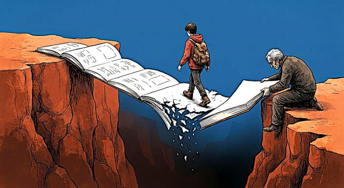 Una figura giovane attraversa un ponte di pagine sospeso nel vuoto, mentre una figura anziana ne aggiunge un'altra.