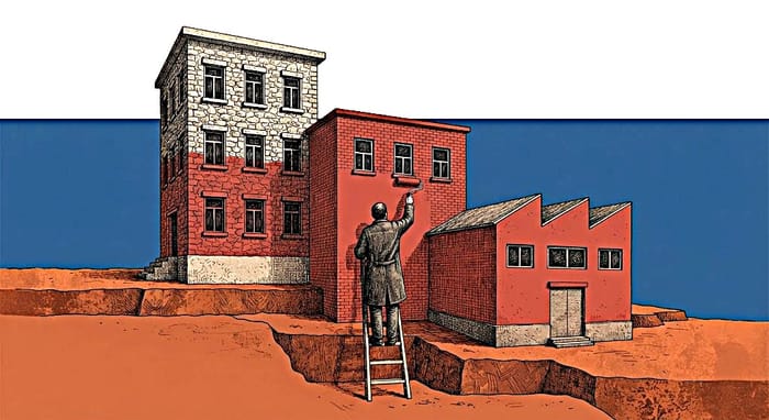 Figura anonima di spalle su una scala tinteggia di rosso tre edifici scolastici di altezze diverse, poggiati su terrazzamenti sfalsati.