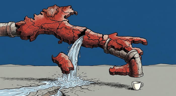 Una tubatura a forma d'Italia si spacca e lascia cadere metà dell'acqua verso una piccola tazza vuota.