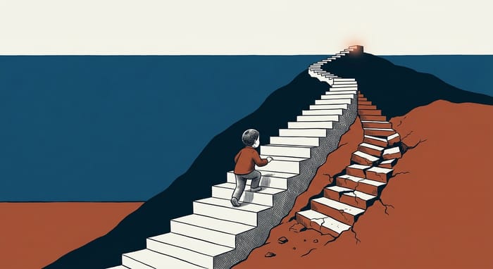 Bambino sale una scalinata con gradini solidi da un lato e incrinati e sprofondati dall'altro, cielo blu scuro sullo sfondo.