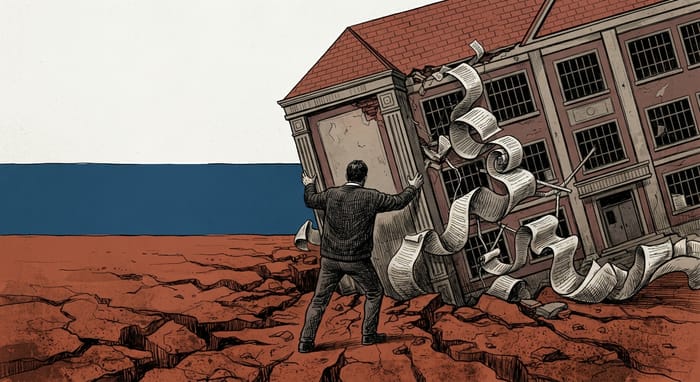 Una persona sostiene un edificio scolastico inclinato con fasci di carta arrotolata, sullo sfondo blu e terra bruciata.