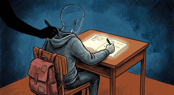 Silhouette di uno studente al banco mentre una mano ombra guida la penna sul quaderno, sfondo blu scuro.