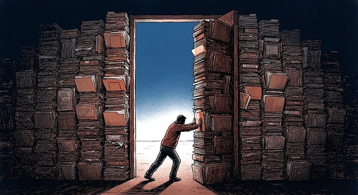 Una figura silhouette spinge una porta di fascicoli di carta impilati, oltre la quale si apre un orizzonte luminoso.